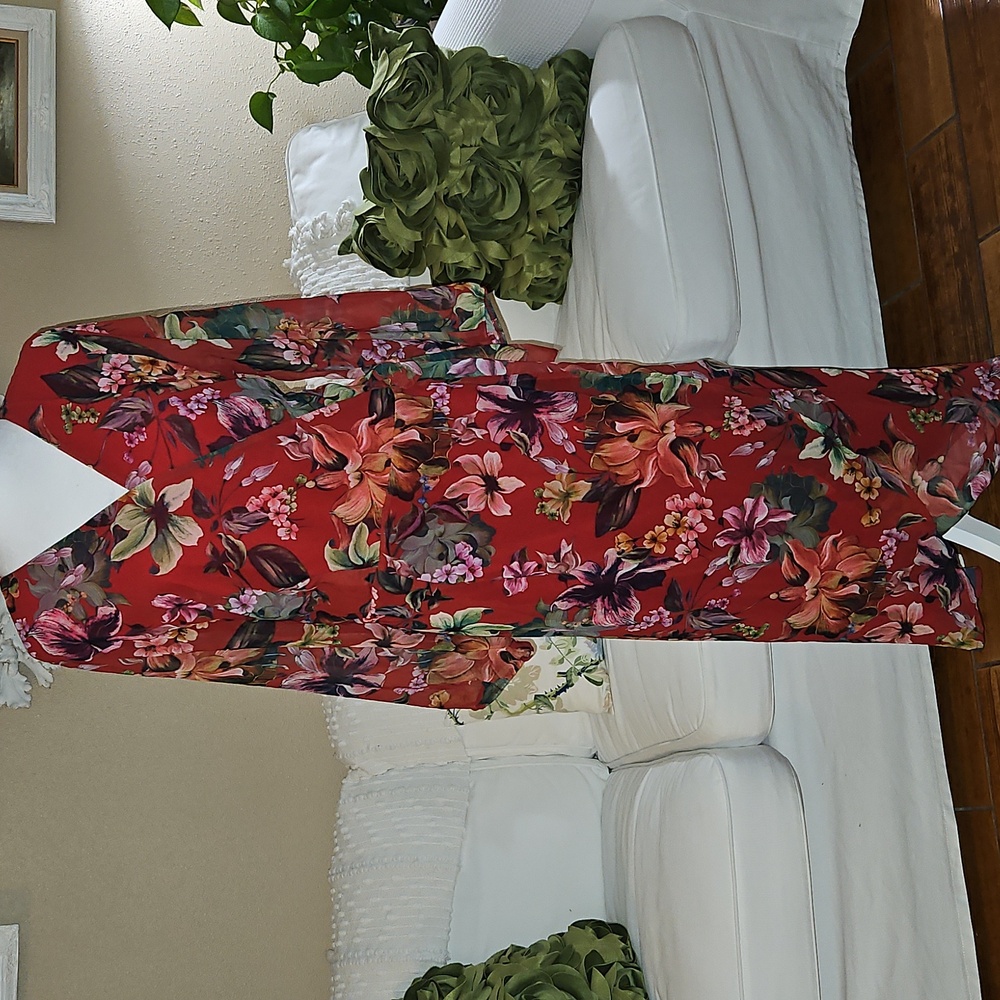 New York & Company Sweet Pea Red Floral True Wrap Fully Lined Dress XL